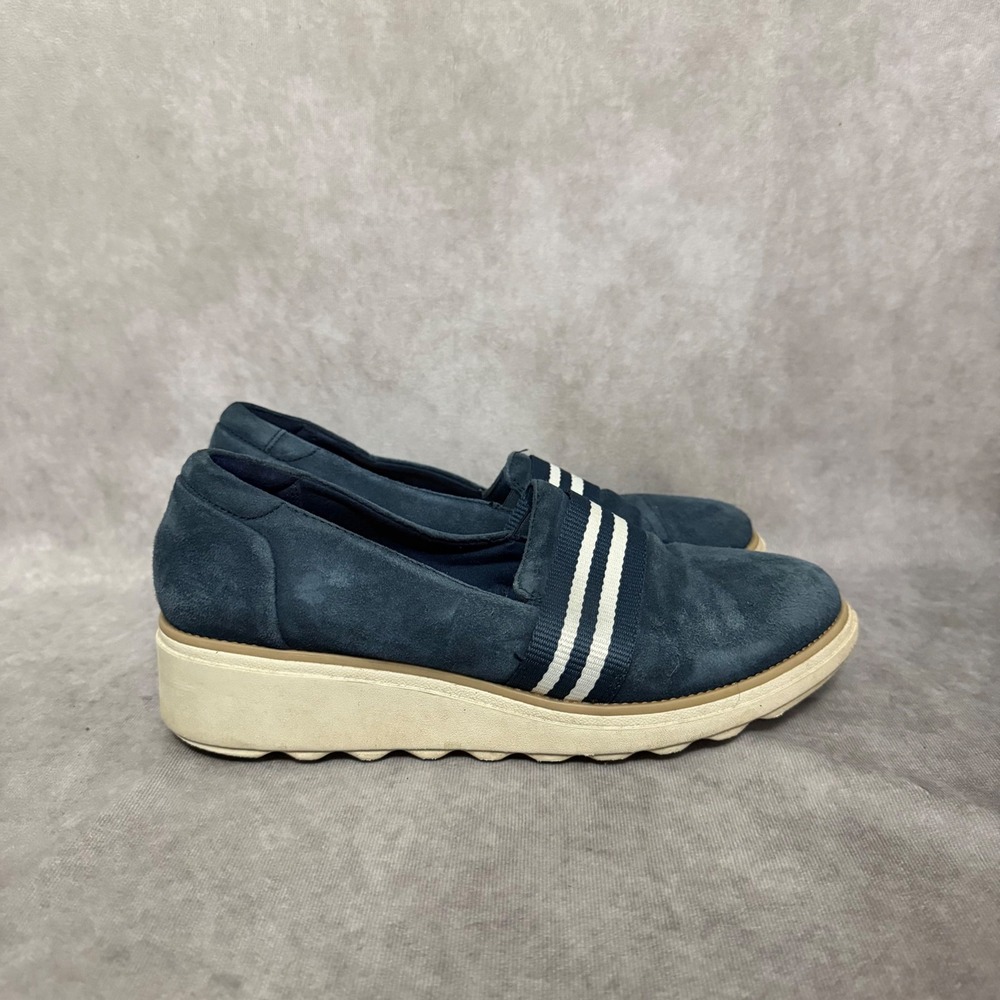 Clarks Collection‎ Slip On Sneakers Womens Size 9 Navy Blue Suede Wedge Platform